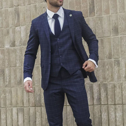 Men's Navy Checked 3 Piece Suit Tailored Fit
