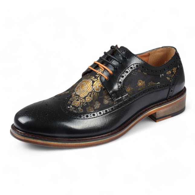 Justin Reess Men's Black Leather Floral Print Brogue Dress Shoes - Ross