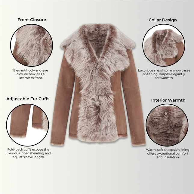 Women's Taupe Sheepskin Toscana Shearling Suede Leather Jacket - Noiré