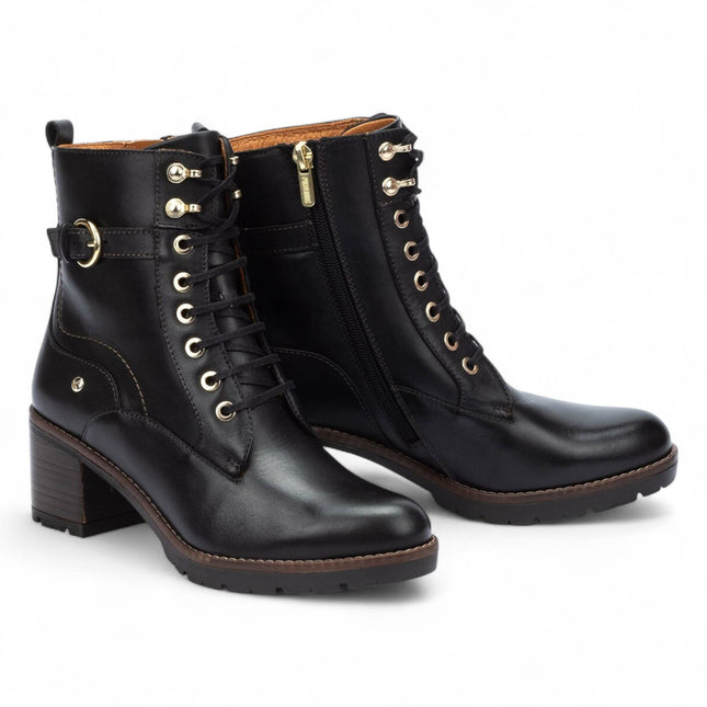 Pikolinos Women’s Black Leather Mid-Heel Combat Ankle Boots - Llanes