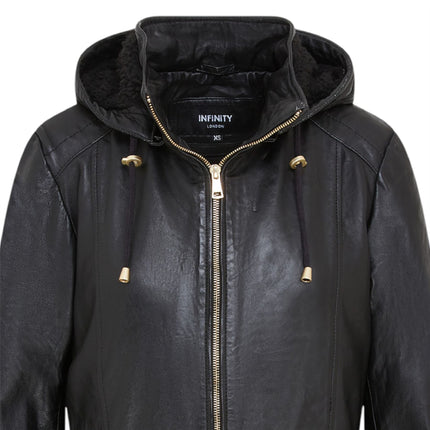 Women's Black Leather Parka Detachable Borg Hooded Trench Coat - Trekker