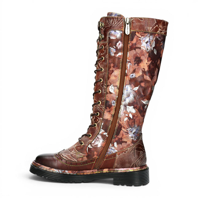 Laura Vita Women's Maroon Gothic Victorian Floral Maroon Leather Knee-High Lace-Up Boots - Incaso-50