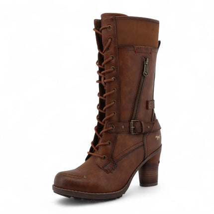 Mustang Women's Brown Mid-Calf Lace Up Heeled Combat Boots