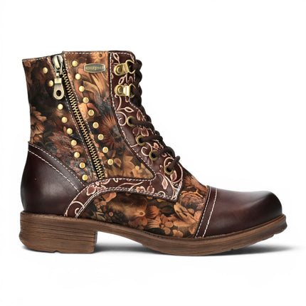Laura Vita Women's Brown Floral Victorian Leather Lace-up Ankle Boots - Anitao - 11