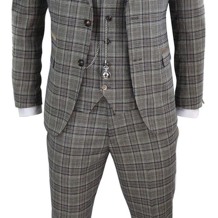 Mens 3 Piece Tan Brown Herringbone Check Suit