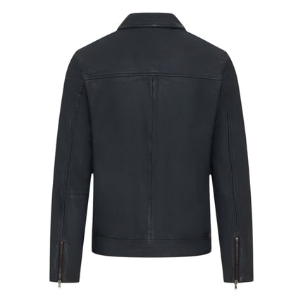 Mens Leather Blue Harrington Collar Biker Jacket - Alpha