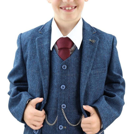 Boys 3 Piece Blue  Herringbone Tweed Check Classic  Suit