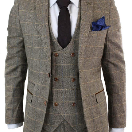 Mens 3 Piece Tan Herringbone Tweed Check Suit