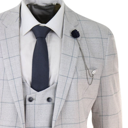 Mens 3 Piece Light Grey Check Tweed Vintage Retro Classic Suit