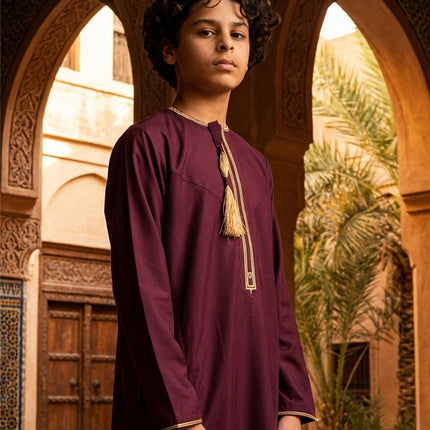 Kids Boys Ramadan Burgundy Red Moroccan Thobe Robe Emirati Eid Jubba- TT-003