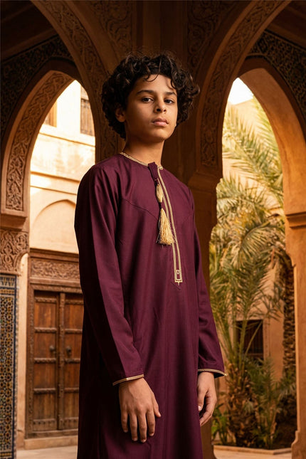 Kids Boys Ramadan Burgundy Red Moroccan Thobe Robe Emirati Eid Jubba- TT-003