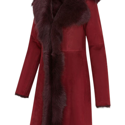 Womens Burgundy Red Toscana Sheepskin Suede Trench Coat-Tbilisi