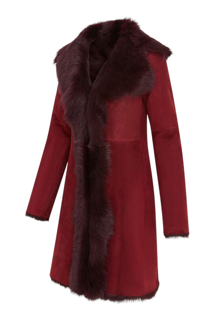 Womens Burgundy Red Toscana Sheepskin Suede Trench Coat-Tbilisi