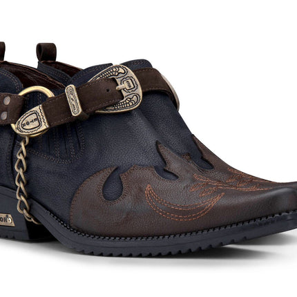 Men's Navy/Brown Leather Metal Chain Winklepicker Cowboy Boots