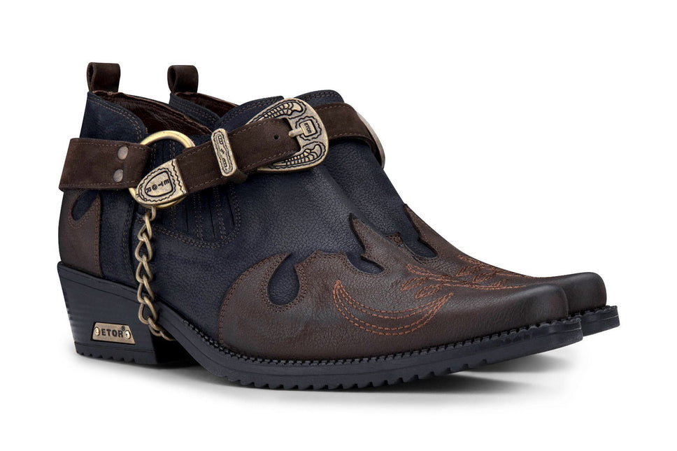 Men's Navy/Brown Leather Metal Chain Winklepicker Cowboy Boots