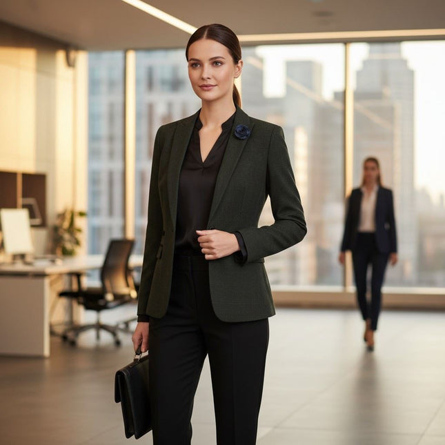 Women's Green Check Wool Blend Herringbone Tweed Tailored Blazer - Caridi