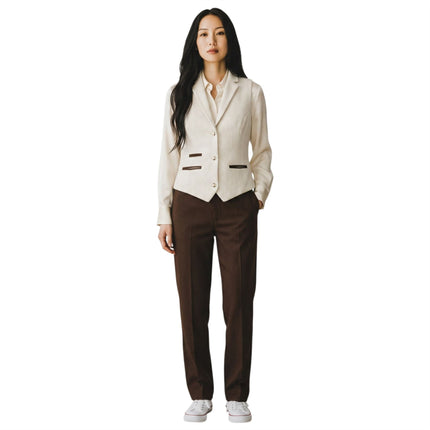 Women's Cream Herringbone Wool Tweed Check Tailored Waistcoat - WS-1
