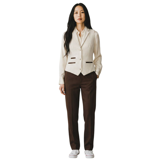 Women's Cream Herringbone Wool Tweed Check Tailored Waistcoat - WS-1