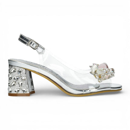 Laura Vita Women’s Clear Silver Slip-On Cinderella Block Heel Sandals - Marlene 12