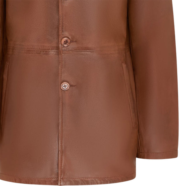 Men's Tan Leather Long Collared Car Coat Jacket - Berry
