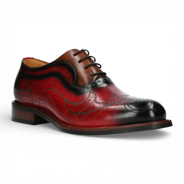 Lorenzo Conti Men's Red Black Leather Brogue Oxford Dress Shoes - Ayan-01