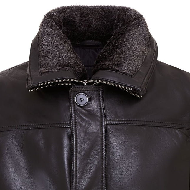 Mens Leather Jacket Classic Trench Coat with Removable Collar Mid Length Warm Overcoat