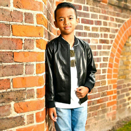 Kids Unisex Varsity Baseball Leather Bomber Black Jacket
