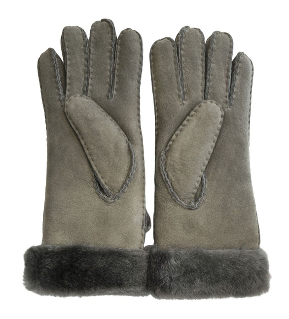 Infinity Leather Womens Grey Sheepskin Suede Gloves with Roll Up/Down Cuff