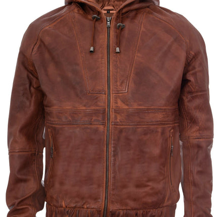 Men’s Casual Leather Hooded Bomber Jacket-Odesa