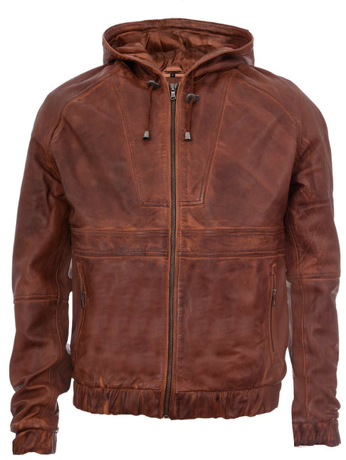 Men’s Casual Leather Hooded Bomber Jacket-Odesa