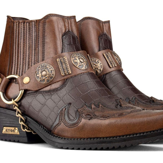 Men's Brown Leather Two-Tone Winklepicker Biker Boots