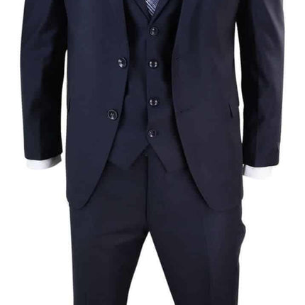 New Mens 3 Piece Suit Plain Navy Classic Tailored Fit Smart Casual 1920s Formal
