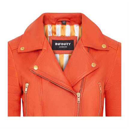Womens Orange Cropped Brando Leather Biker Jacket-Longtown
