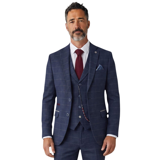 Men's Navy Blue Tweed 3 Piece Wool Blend Formal Suit - TP-32