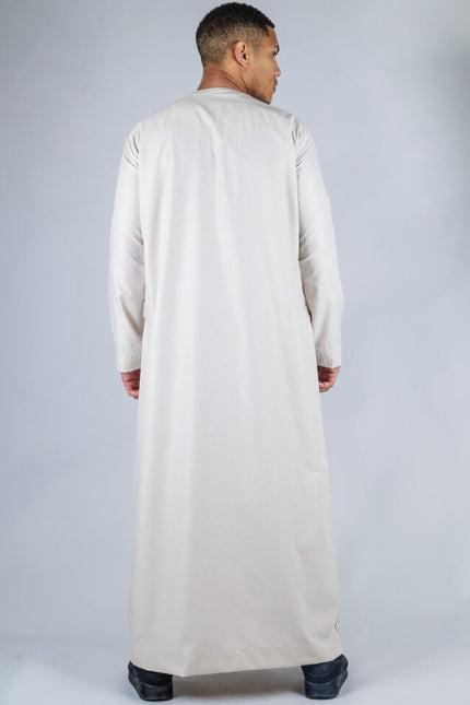 Men's Beige Thobe Emirati Islamic Jubba Robe Eid Tassel Slim Fit