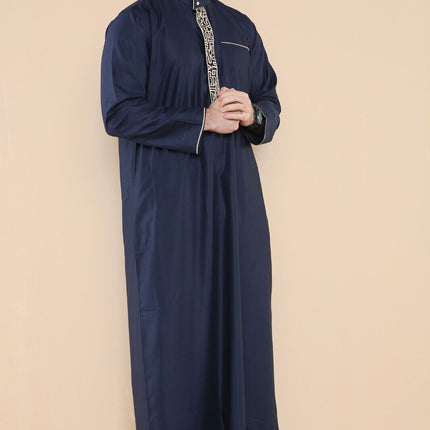 Mens Navy Thobe Jubba Emirati Islamic Arabic Eid Embroidery Kaftan Jubbah Robe