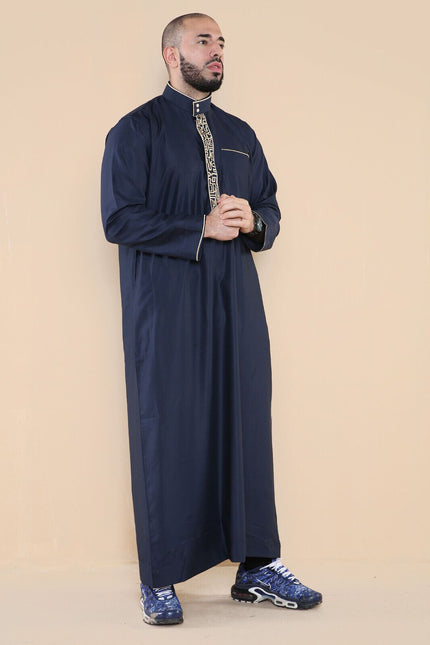 Mens Navy Thobe Jubba Emirati Islamic Arabic Eid Embroidery Kaftan Jubbah Robe