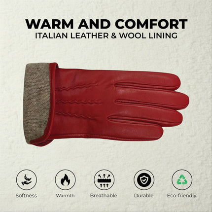 Womens Red Italian Leather Winter Stitch Line Design Soft Wool Lining Gloves - L-GLV-301
