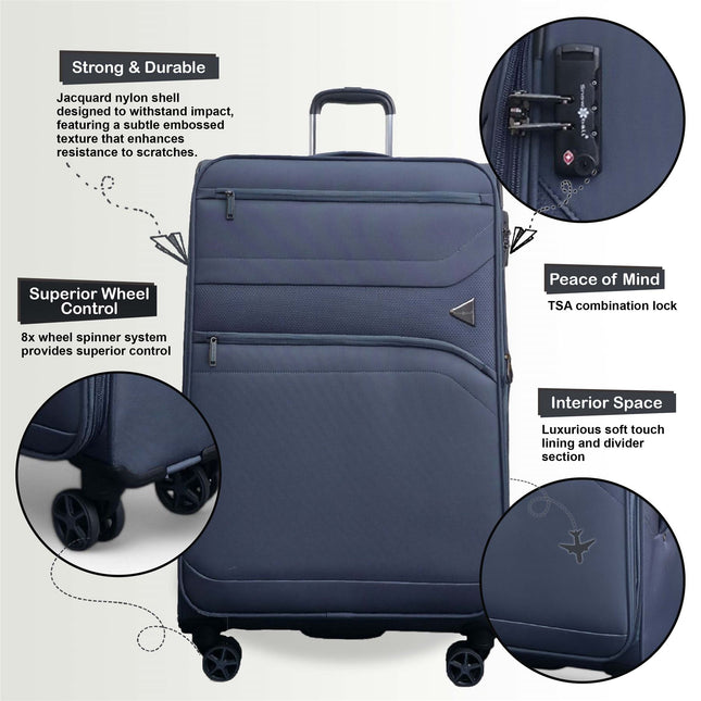 Lightweight Soft Grey Dual 4 Wheel Cabin Luggage Suitcase Set