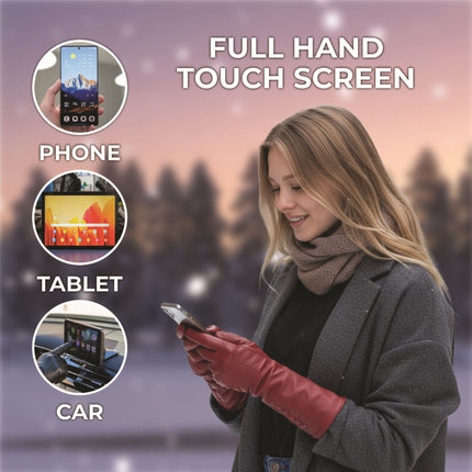 Womens Long Red Italian Leather Winter Button Design Soft Wool Lining Gloves - L-GLV-201