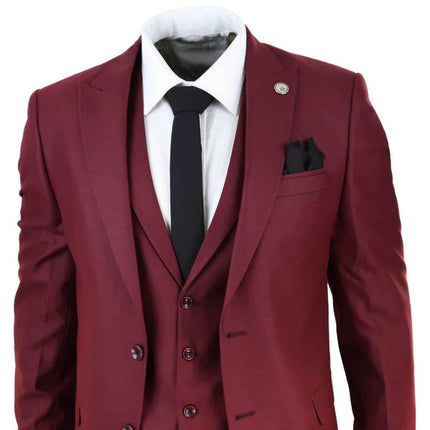 New Mens 3 Piece Suit Plain wine Classic Tailored Fit Smart Casual 1920s Formal