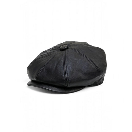 Men's Black Faux Leather Vintage 8-Panel Gatsby Baker Boy Hat - MHT-1