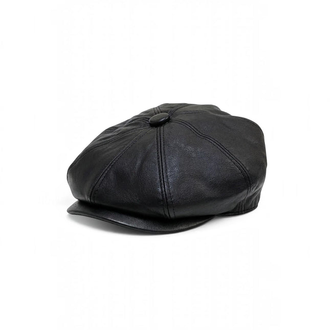 Men's Black Faux Leather Vintage 8-Panel Gatsby Baker Boy Hat - MHT-1