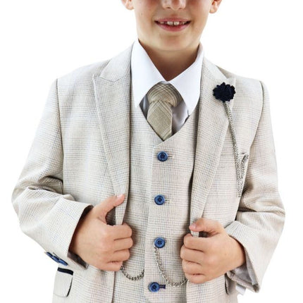 Boys 3 Piece Cream Herringbone Tweed Check Classic  Suit