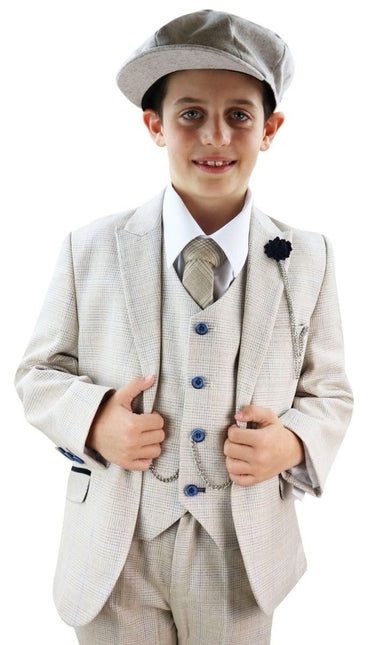 Boys 3 Piece Cream Herringbone Tweed Check Classic  Suit