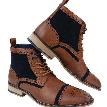 Mens Retro Oxford Brogue Ankle Boots In Tan/Navy Leather