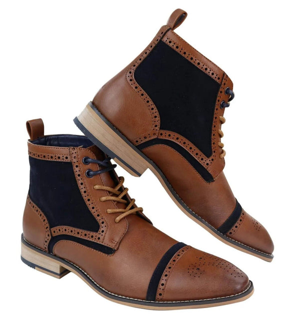 Mens Retro Oxford Brogue Ankle Boots In Tan/Navy Leather