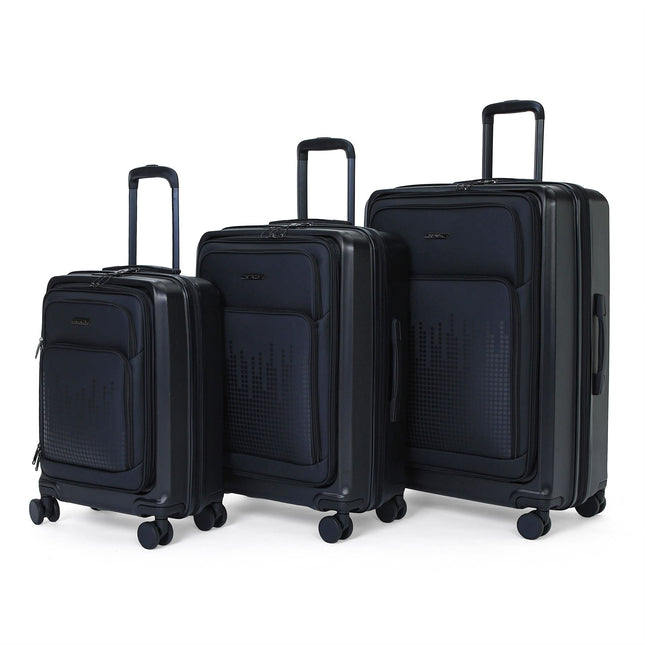 Hybrid ABS+PU Hard Shell Black Suitcase Set 8 Wheel Front Pocket Luggage