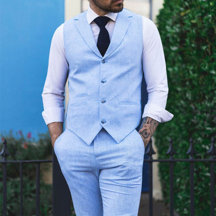 Men's Summer 2 Piece Suit Linen Formal Light Blue Waistcoat Trousers