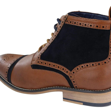 Mens Retro Oxford Brogue Ankle Boots In Tan/Navy Leather